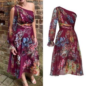 Marchesa Notte Burgundy Floral Print One Shoulder Chiffon Midi Dress Size 2